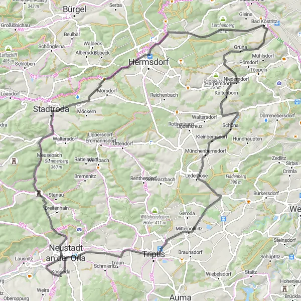 Map miniature of "The Castle Circuit" cycling inspiration in Thüringen, Germany. Generated by Tarmacs.app cycling route planner