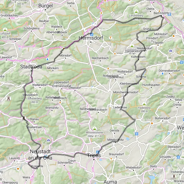 Karten-Miniaturansicht der Radinspiration "Historische Sehenswürdigkeiten und atemberaubende Ausblicke - Roadbike-Tour in Bad Köstritz und Umgebung" in Thüringen, Germany. Erstellt vom Tarmacs.app-Routenplaner für Radtouren