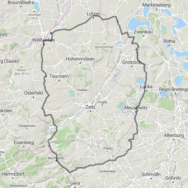 Karten-Miniaturansicht der Radinspiration "Eine malerische Roadbike-Rundtour durch die Natur um Bad Köstritz" in Thüringen, Germany. Erstellt vom Tarmacs.app-Routenplaner für Radtouren