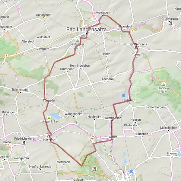 Map miniature of "Tonna - Sonnenburg Loop" cycling inspiration in Thüringen, Germany. Generated by Tarmacs.app cycling route planner