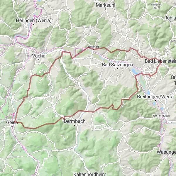 Map miniature of "Gravel Adventure through Challenging Terrain" cycling inspiration in Thüringen, Germany. Generated by Tarmacs.app cycling route planner