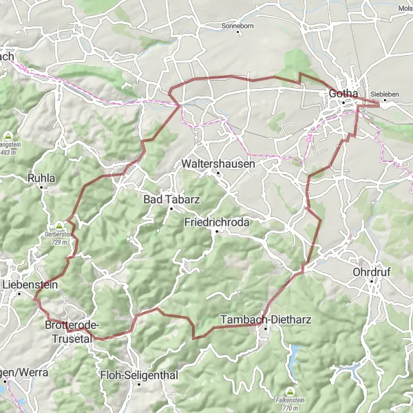 Map miniature of "Cycling Route: Bad Liebenstein - Mittelberg - Mechterstädt - Tambach-Dietharz - Weinberg" cycling inspiration in Thüringen, Germany. Generated by Tarmacs.app cycling route planner