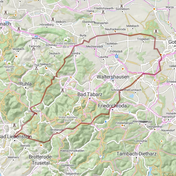 Map miniature of "Challenging Gravel Ride in Thuringian Forest" cycling inspiration in Thüringen, Germany. Generated by Tarmacs.app cycling route planner