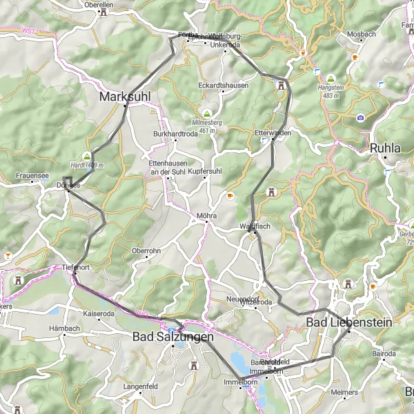 Map miniature of "Thuringian Forest Exploration" cycling inspiration in Thüringen, Germany. Generated by Tarmacs.app cycling route planner