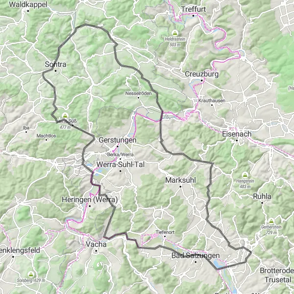 Karten-Miniaturansicht der Radinspiration "Weite Tour durch Sontra und Milmesberg" in Thüringen, Germany. Erstellt vom Tarmacs.app-Routenplaner für Radtouren