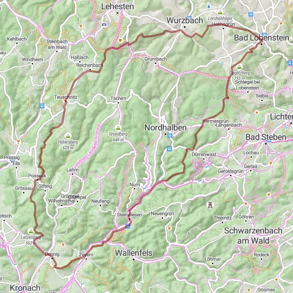 Karten-Miniaturansicht der Radinspiration "Herausfordernde Gravel-Route um Bad Lobenstein" in Thüringen, Germany. Erstellt vom Tarmacs.app-Routenplaner für Radtouren