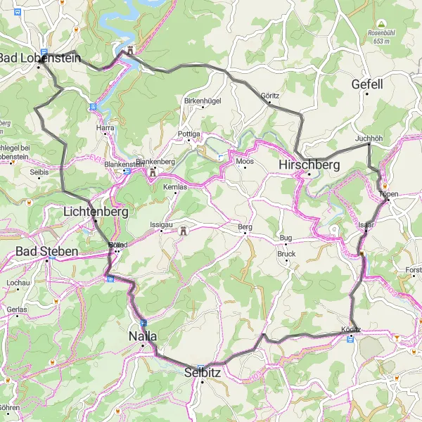 Map miniature of "Frössen Tour" cycling inspiration in Thüringen, Germany. Generated by Tarmacs.app cycling route planner