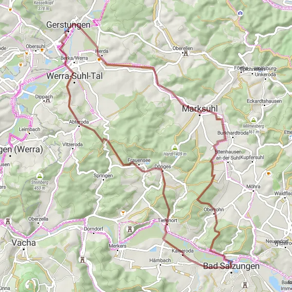 Map miniature of "Kaiseroda Gravel Adventure" cycling inspiration in Thüringen, Germany. Generated by Tarmacs.app cycling route planner