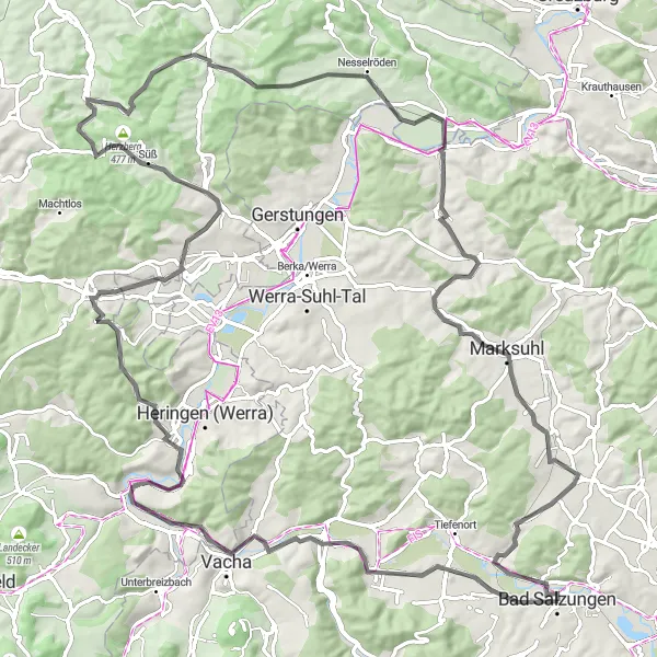 Map miniature of "Exploring the Rhön" cycling inspiration in Thüringen, Germany. Generated by Tarmacs.app cycling route planner