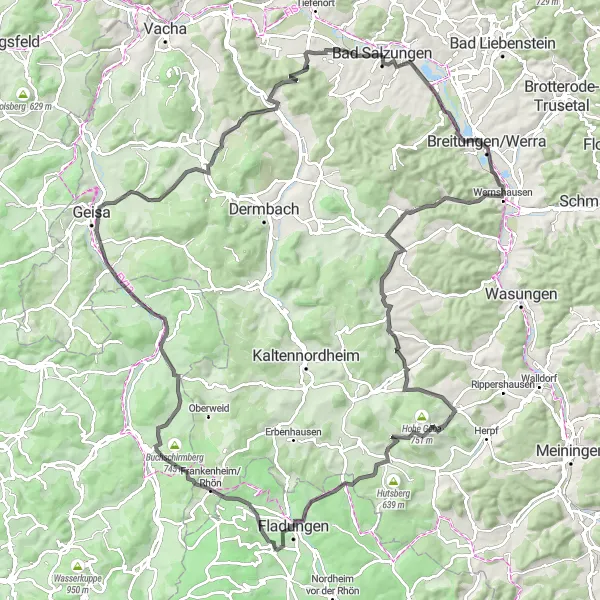 Map miniature of "Rhön Highlands Tour" cycling inspiration in Thüringen, Germany. Generated by Tarmacs.app cycling route planner