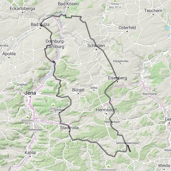 Map miniature of "Österland - Land of Castles" cycling inspiration in Thüringen, Germany. Generated by Tarmacs.app cycling route planner