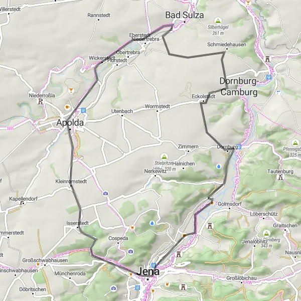 Map miniature of "Jena Highlights" cycling inspiration in Thüringen, Germany. Generated by Tarmacs.app cycling route planner