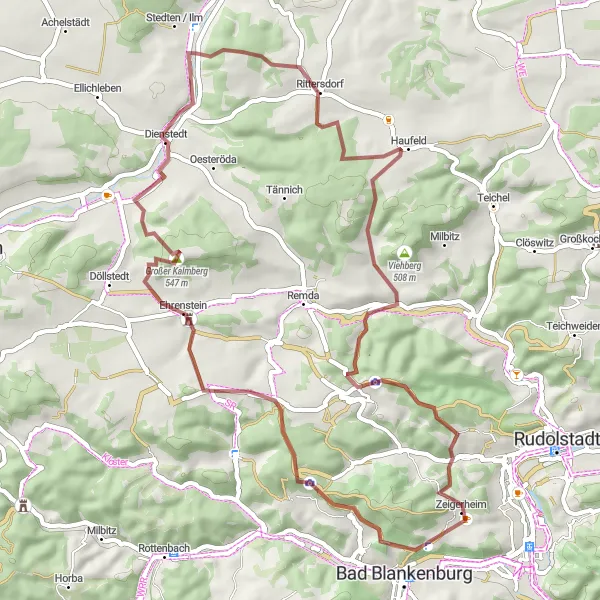 Map miniature of "Barchfeld to Dienstedt Gravel Route" cycling inspiration in Thüringen, Germany. Generated by Tarmacs.app cycling route planner