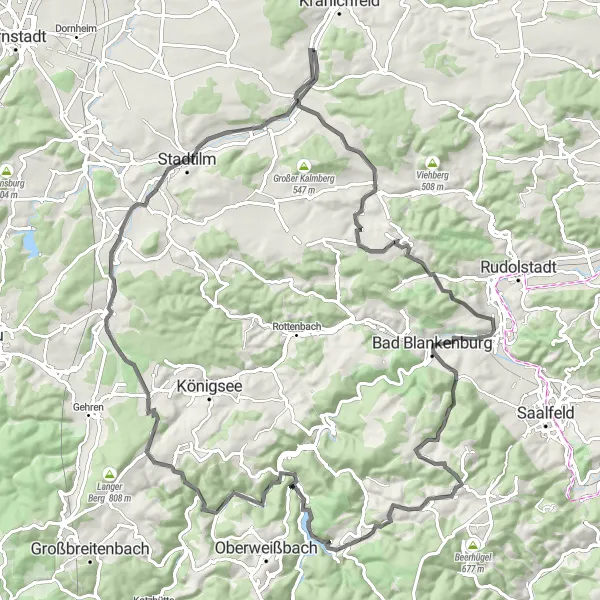 Map miniature of "Undulating Landscapes and Mountain Summits" cycling inspiration in Thüringen, Germany. Generated by Tarmacs.app cycling route planner