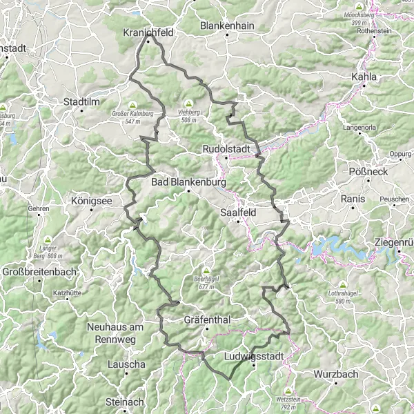 Map miniature of "Ultimate Road Challenge" cycling inspiration in Thüringen, Germany. Generated by Tarmacs.app cycling route planner