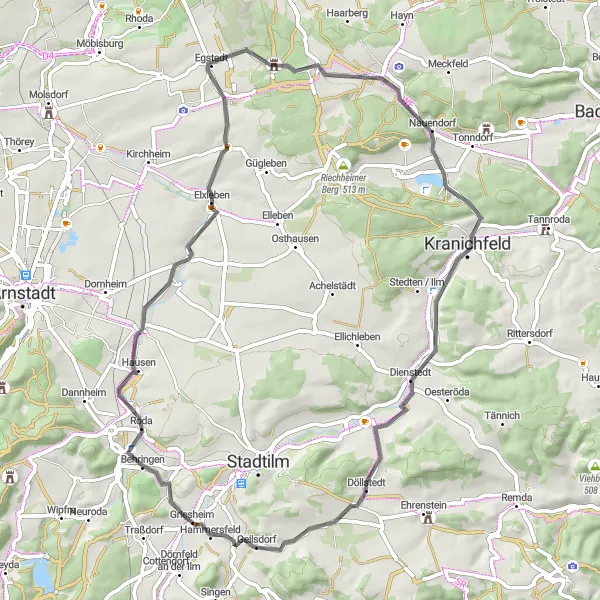 Karten-Miniaturansicht der Radinspiration "Rundfahrt nach Roda und Zeisigberg" in Thüringen, Germany. Erstellt vom Tarmacs.app-Routenplaner für Radtouren