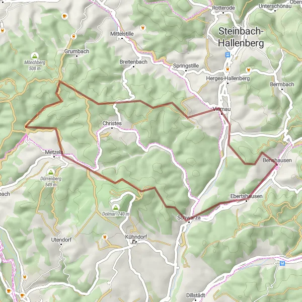Karten-Miniaturansicht der Radinspiration "Erkunde die Natur um Benshausen" in Thüringen, Germany. Erstellt vom Tarmacs.app-Routenplaner für Radtouren