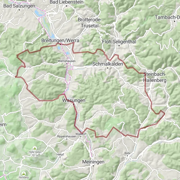 Map miniature of "Werra Valley Adventure" cycling inspiration in Thüringen, Germany. Generated by Tarmacs.app cycling route planner