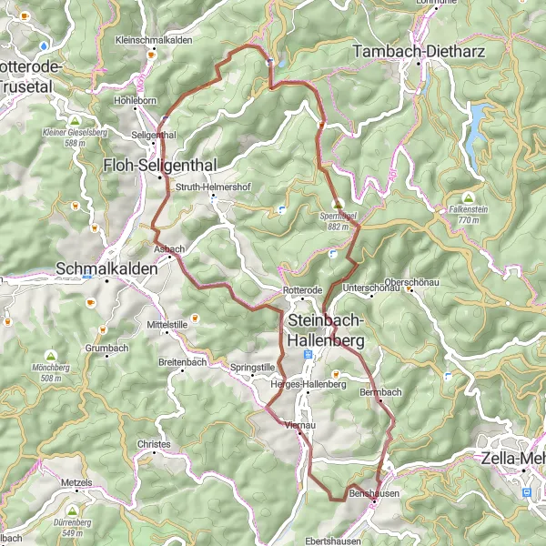 Map miniature of "Tranquil Meadows Gravel Route" cycling inspiration in Thüringen, Germany. Generated by Tarmacs.app cycling route planner