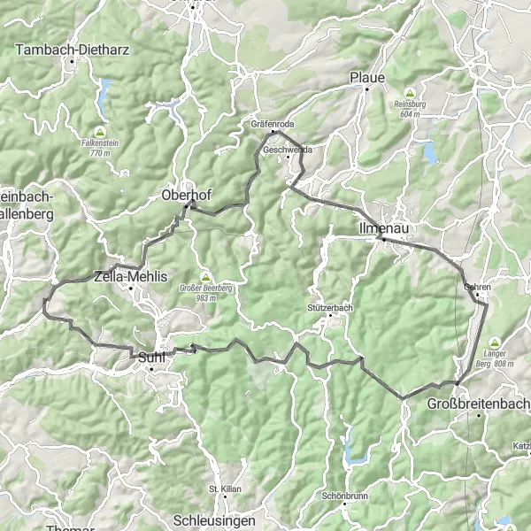 Karten-Miniaturansicht der Radinspiration "Auf den Spuren des Rennsteigs" in Thüringen, Germany. Erstellt vom Tarmacs.app-Routenplaner für Radtouren