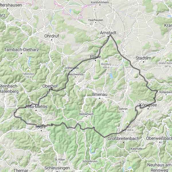 Map miniature of "Thüringen Grand Tour" cycling inspiration in Thüringen, Germany. Generated by Tarmacs.app cycling route planner