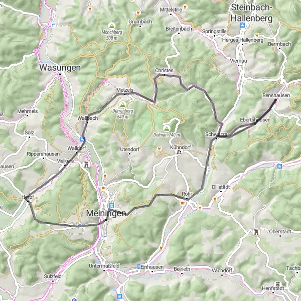 Karten-Miniaturansicht der Radinspiration "Rund um Meiningen" in Thüringen, Germany. Erstellt vom Tarmacs.app-Routenplaner für Radtouren