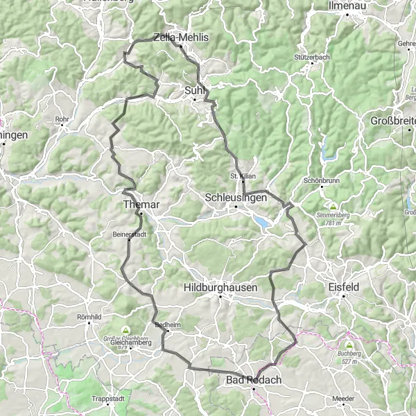 Map miniature of "The Suhl Circuit" cycling inspiration in Thüringen, Germany. Generated by Tarmacs.app cycling route planner