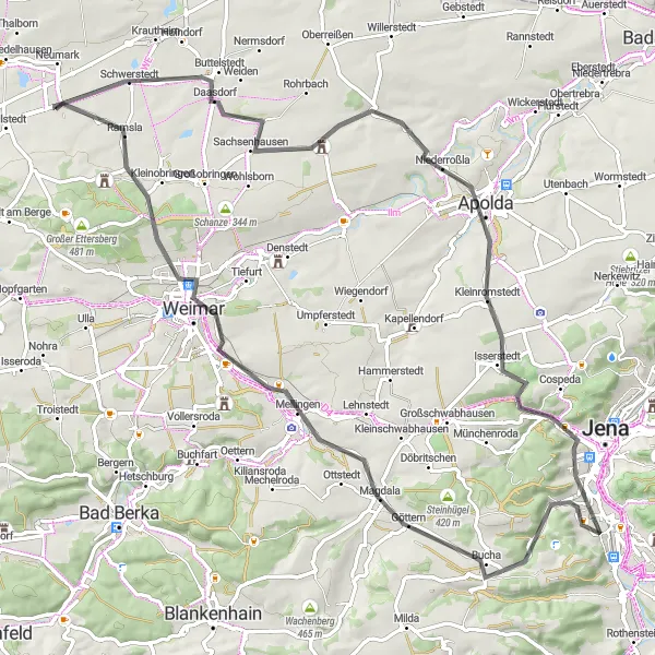 Karten-Miniaturansicht der Radinspiration "Weimar und die Bismarcktürme" in Thüringen, Germany. Erstellt vom Tarmacs.app-Routenplaner für Radtouren