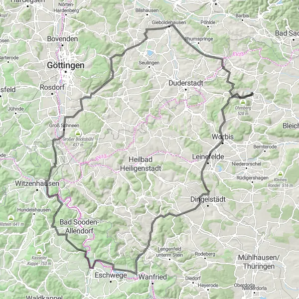 Karten-Miniaturansicht der Radinspiration "Holungen - Ebergötzen Rundfahrt" in Thüringen, Germany. Erstellt vom Tarmacs.app-Routenplaner für Radtouren