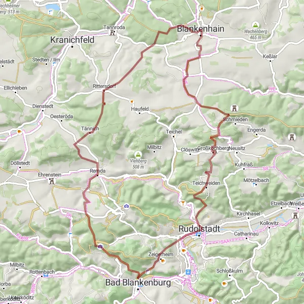 Map miniature of "Blankenhain Loop Adventure" cycling inspiration in Thüringen, Germany. Generated by Tarmacs.app cycling route planner