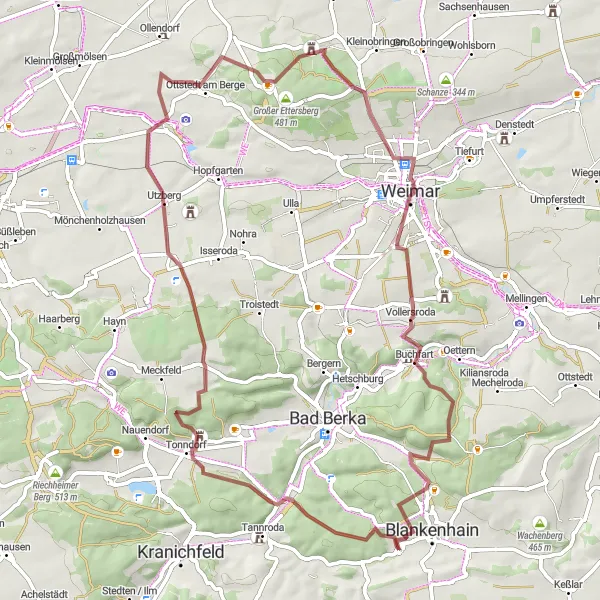 Karten-Miniaturansicht der Radinspiration "Gravel-Rundtour über Tonndorf und Ettersburg" in Thüringen, Germany. Erstellt vom Tarmacs.app-Routenplaner für Radtouren