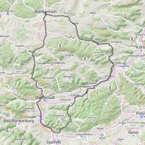 Map miniature of "Blankenhain Loop" cycling inspiration in Thüringen, Germany. Generated by Tarmacs.app cycling route planner