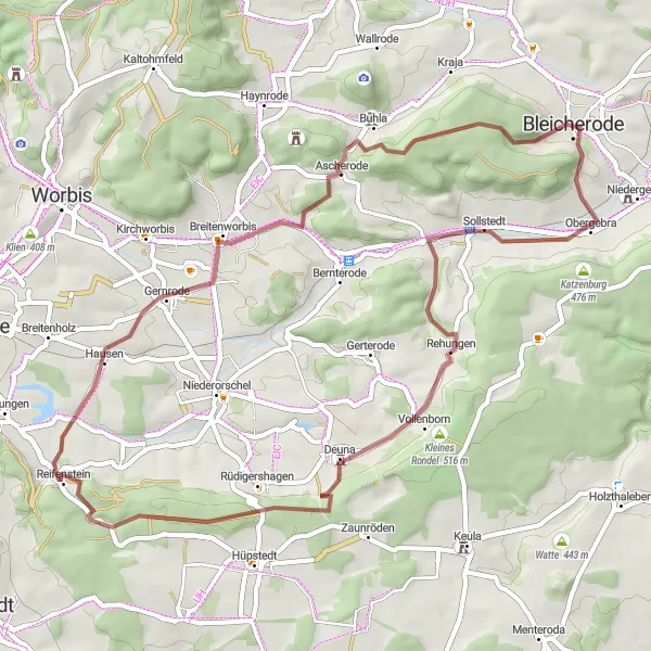 Map miniature of "Into the Wilderness" cycling inspiration in Thüringen, Germany. Generated by Tarmacs.app cycling route planner