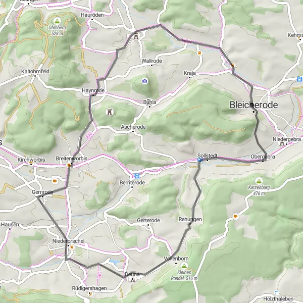 Map miniature of "The Niederorschel Loop" cycling inspiration in Thüringen, Germany. Generated by Tarmacs.app cycling route planner