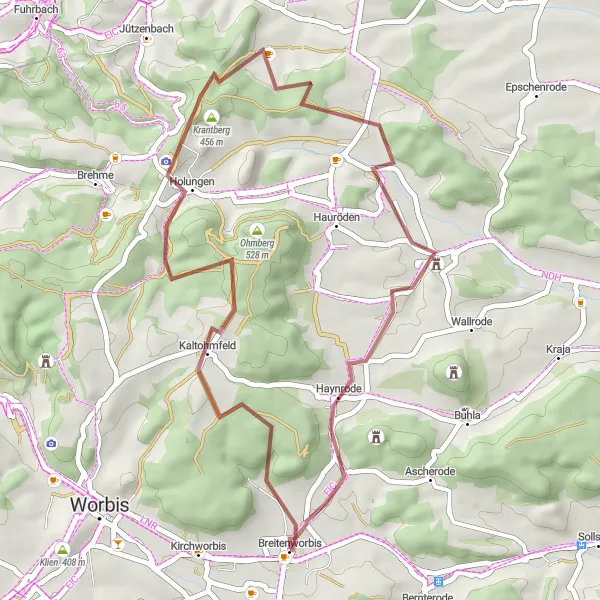 Map miniature of "The Holungen Gravel Adventure" cycling inspiration in Thüringen, Germany. Generated by Tarmacs.app cycling route planner