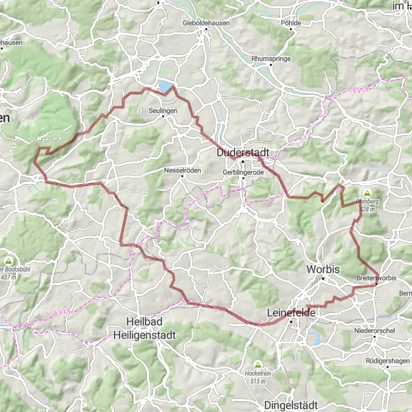 Map miniature of "Gravel Adventure in the Hinterland" cycling inspiration in Thüringen, Germany. Generated by Tarmacs.app cycling route planner