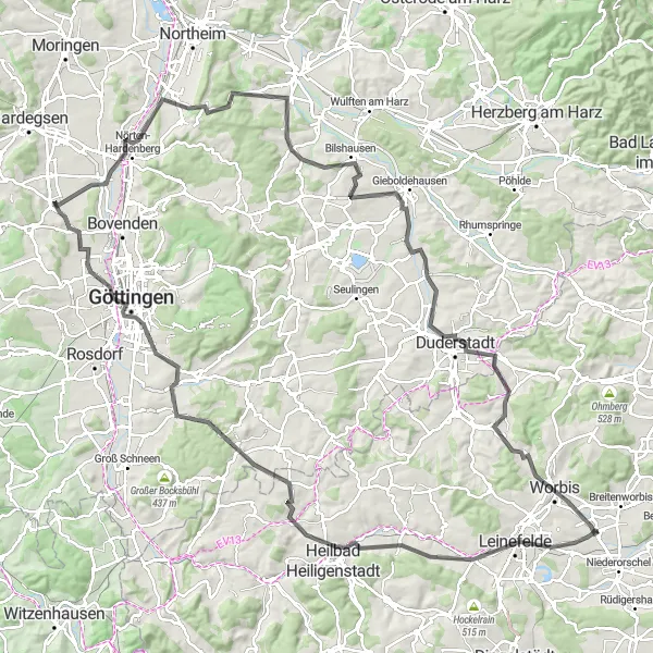 Karten-Miniaturansicht der Radinspiration "Rundtour um Breitenworbis über Vierkirchenblick und Weinberg" in Thüringen, Germany. Erstellt vom Tarmacs.app-Routenplaner für Radtouren