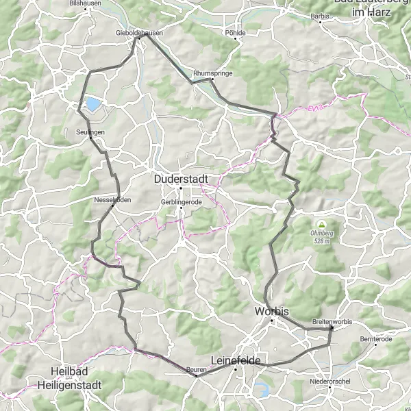 Map miniature of "The Hillside Road Challenge" cycling inspiration in Thüringen, Germany. Generated by Tarmacs.app cycling route planner