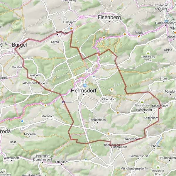 Karten-Miniaturansicht der Radinspiration "Bürgel-Rundweg über Tautenhain und Bobeck" in Thüringen, Germany. Erstellt vom Tarmacs.app-Routenplaner für Radtouren