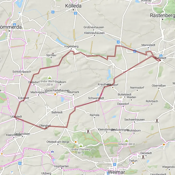 Map miniature of "The Udestedt ride" cycling inspiration in Thüringen, Germany. Generated by Tarmacs.app cycling route planner