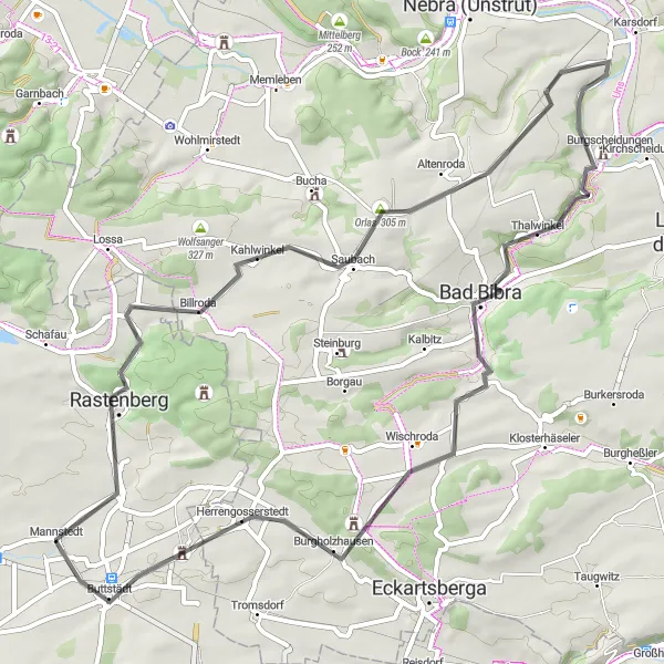 Map miniature of "Buttstädt to Donnersberg" cycling inspiration in Thüringen, Germany. Generated by Tarmacs.app cycling route planner