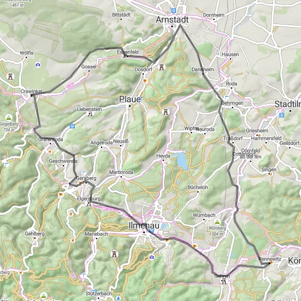 Karten-Miniaturansicht der Radinspiration "Bergiges Abenteuer um Crawinkel" in Thüringen, Germany. Erstellt vom Tarmacs.app-Routenplaner für Radtouren