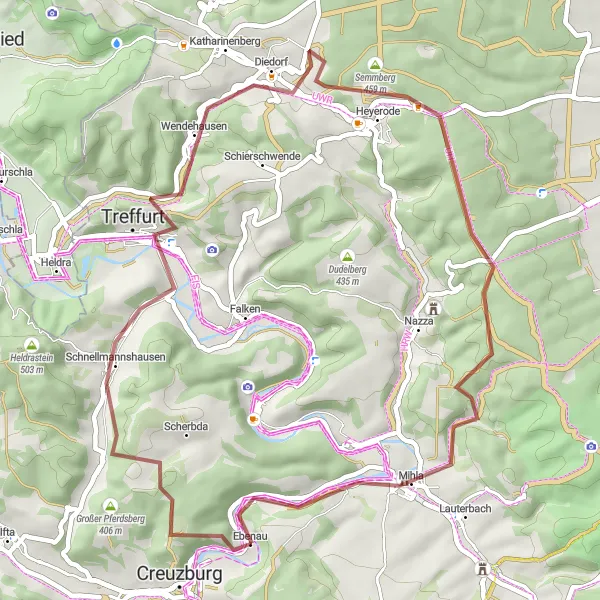 Map miniature of "Mihla Gravel Loop" cycling inspiration in Thüringen, Germany. Generated by Tarmacs.app cycling route planner