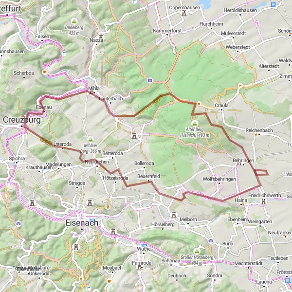 Karten-Miniaturansicht der Radinspiration "Erkundung des Hainich-Gebiets auf dem Radweg" in Thüringen, Germany. Erstellt vom Tarmacs.app-Routenplaner für Radtouren
