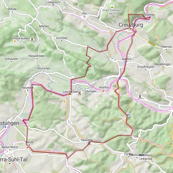 Karten-Miniaturansicht der Radinspiration "Abenteuerliche Rundfahrt durch Spichra und Oberellen" in Thüringen, Germany. Erstellt vom Tarmacs.app-Routenplaner für Radtouren