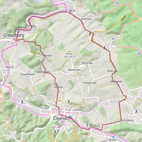 Karten-Miniaturansicht der Radinspiration "Gravelroute um Creuzburg" in Thüringen, Germany. Erstellt vom Tarmacs.app-Routenplaner für Radtouren