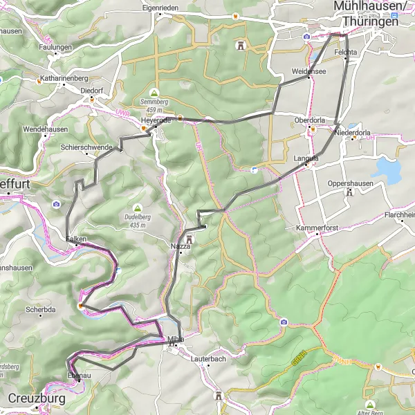 Karten-Miniaturansicht der Radinspiration "Rund um Mihlaer Höhe" in Thüringen, Germany. Erstellt vom Tarmacs.app-Routenplaner für Radtouren