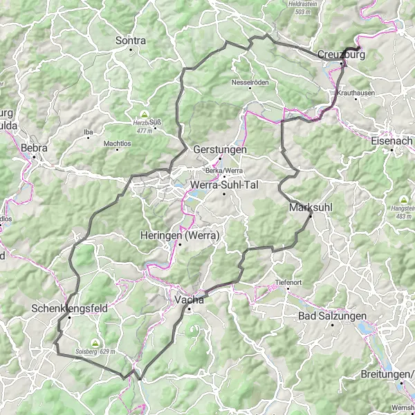 Karten-Miniaturansicht der Radinspiration "Rund um Vacha" in Thüringen, Germany. Erstellt vom Tarmacs.app-Routenplaner für Radtouren