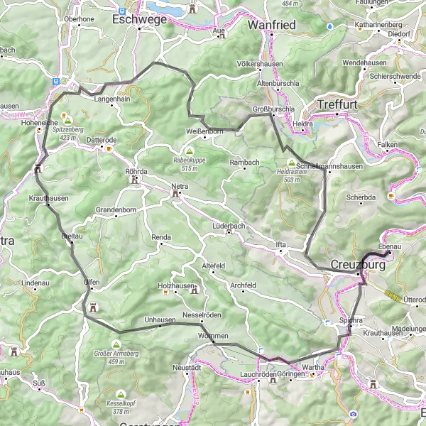 Karten-Miniaturansicht der Radinspiration "Werratal und Hörselberge" in Thüringen, Germany. Erstellt vom Tarmacs.app-Routenplaner für Radtouren