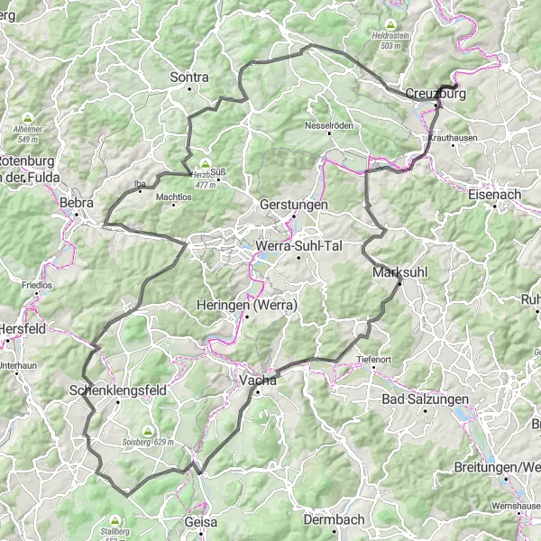 Karten-Miniaturansicht der Radinspiration "Epische Road-Tour durch die Werra Region Thüringens" in Thüringen, Germany. Erstellt vom Tarmacs.app-Routenplaner für Radtouren